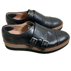 Halogen Black Leather Double Monk Strap Platform Oxford Loafers Womens Size 7M‎